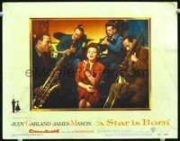 1w330 STAR IS BORN lobby card #3 '54 great portrait of Judy Garland singing with band members!