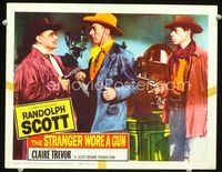 1w337 STRANGER WORE A GUN lobby card R61 Randolph Scott caught by Ernest Borgnine & Lee Marvin!