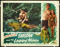 1w347 TARZAN & THE LEOPARD WOMAN lobby card '46 Johnny Weissmuller kneels over slain leopard man!