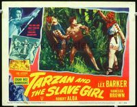 1w349 TARZAN & THE SLAVE GIRL lobby card #7 '50 Lex Barker fights off two men with knives in jungle!