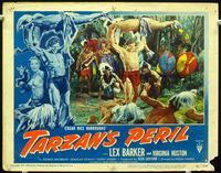 1w353 TARZAN'S PERIL movie lobby card #3 '51 Lex Barker uses native man as weapon against many men!