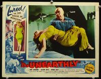 1w374 UNEARTHLY lobby card #4 '57 great close up of Tor Johnson holding sexy unconscious girl!