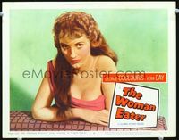 1w394 WOMAN EATER movie lobby card #8 '59 super close up of sexy Vera Day in low-cut dress!