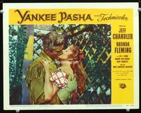 1w397 YANKEE PASHA LC #2 '54 close up of handsome Jeff Chandler kissing beautiful Rhonda Fleming!
