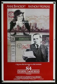 1x010 84 CHARING CROSS ROAD one-sheet poster '87 cool artwork of Anthony Hopkins & Anne Bancroft!