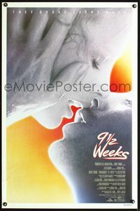 1x011 9 1/2 WEEKS one-sheet poster '86 Mickey Rourke, Kim Basinger, sexiest close up kissing image!
