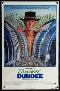 1x116 CROCODILE DUNDEE 1sh '86 cool art of Paul Hogan looming over New York City by Daniel Gouzee!