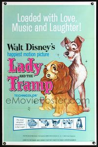 1x237 LADY & THE TRAMP one-sheet poster R60s Walt Disney's happiest motion picture, canine classic!