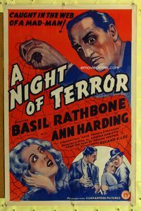1x259 LOVE FROM A STRANGER 1sheet R42 A Night of Terror, Basil Rathbone, Agatha Christie, cool art!