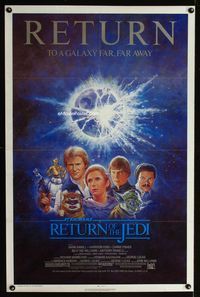 1x350 RETURN OF THE JEDI one-sheet poster R85 George Lucas classic, cool art of cast by Tom Jung!