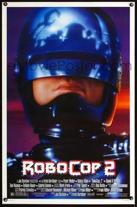 1x356 ROBOCOP 2 DS one-sheet  '90 super close up of cyborg policeman Peter Weller, sci-fi sequel!