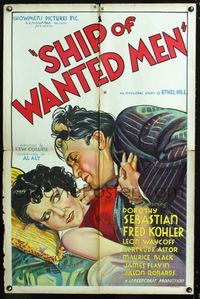 1x382 SHIP OF WANTED MEN one-sheet  '33 stone litho art of Dorothy Sebastian scared for her life!