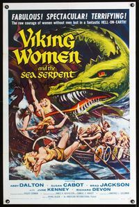 1x473 VIKING WOMEN & THE SEA SERPENT 1sh '58 cool artwork of sexy female warriors attacked on ship!