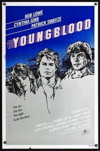 1x498 YOUNGBLOOD one-sheet  '86 artwork of Rob Lowe, Patrick Swayze & Cynthia Gibb, ice hockey!
