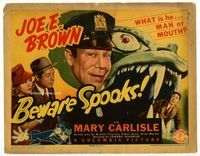 1y045 BEWARE SPOOKS title lobby card '39 is Joe E. Brown man or mouth?, Mary Carlisle, wacky image!