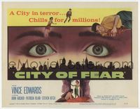 1y068 CITY OF FEAR title lobby card '59 crazy Vince Edwards, cool eyes over L.A. skyline image!