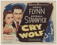 1y075 CRY WOLF movie title lobby card '47 great close image of Errol Flynn & Barbara Stanwyck!