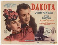 1y078 DAKOTA movie title lobby card R50 super close up image of John Wayne & pretty Vera Ralston!