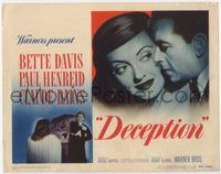 1y084 DECEPTION title card '46 great close up image of Bette Davis & Paul Henreid, Claude Rains