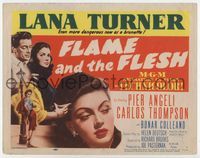 1y104 FLAME & THE FLESH movie title lobby card '54 sexy brunette bad girl streetwalker Lana Turner!
