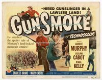 1y130 GUNSMOKE movie title lobby card '53 Audie Murphy is a hired gunslinger in a lawless land!