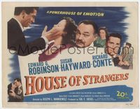 1y147 HOUSE OF STRANGERS title lobby card '49 Edward G. Robinson, Richard Conte slaps Susan Hayward!