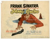 1y168 JOHNNY CONCHO movie title lobby card '56 that smoldering cowboy Frank Sinatra reaches for gun!