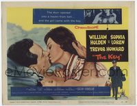 1y177 KEY title lobby card '58 Carol Reed, close up kiss art of William Holden & sexy Sophia Loren!