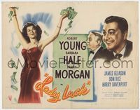 1y186 LADY LUCK movie title lobby card '46 great image of Barbara Hale with lots of money!