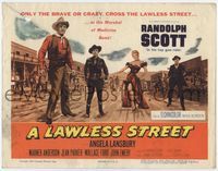 1y197 LAWLESS STREET movie title lobby card '55 artwork of Randolph Scott, Angela Lansbury & cast!