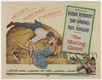 1y231 MATING GAME title lobby card '59 Debbie Reynolds & Tony Randall are fooling around in the hay!