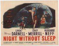 1y260 NIGHT WITHOUT SLEEP title lobby card '52 artwork of sexy Linda Darnell about to be strangled!