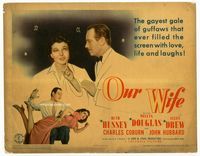 1y272 OUR WIFE title lobby card '41 Melvyn Douglas keeps wife Ruth Hussey in line by spanking her!