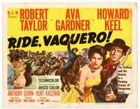 1y295 RIDE VAQUERO movie title lobby card '53 artwork of outlaw Robert Taylor & beauty Ava Gardner!