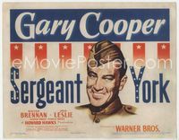 1y305 SERGEANT YORK title card '41 great headshot artwork of Gary Cooper in uniform, Howard Hawks