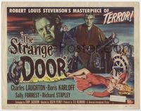 1y325 STRANGE DOOR TC '51 cool art of chained Boris Karloff, Charles Laughton & sexy Sally Forrest!