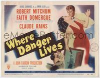 1y375 WHERE DANGER LIVES TC '50 classic art of Robert Mitchum holding Faith Domergue with gun!