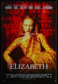 1z176 ELIZABETH DS one-sheet poster '98 great close up image of Cate Blanchett as England's queen!