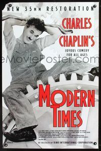 1z358 MODERN TIMES one-sheet poster R90s classic image of star & director Charlie Chaplin on gears!
