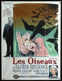 2a270 BIRDS French one-panel poster '63 cool art of Alfred Hitchcock & Tippi Hedren by Grinsson!