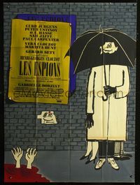 2a390 LES ESPIONS yellow title French 1panel '57 Henri-Georges Clouzot, wacky spy artwork by Sine!