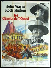 2a517 UNDEFEATED French one-panel '69 cool different art of John Wayne & Rock Hudson by Grinsson!