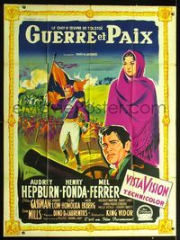 2a524 WAR & PEACE style B French 1p '56 Audrey Hepburn, cool completely different art by Grinsson!