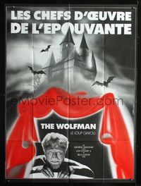 2a530 WOLF MAN French one-panel movie poster R80s Lon Chaney Jr. close up & castle art by Landi!
