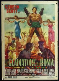 2a637 GLADIATOR OF ROME Italian 1panel '62 art of Gordon Scott & female captives by Renato Casaro!