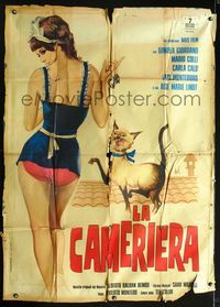 2a678 LA CAMERIERA Italian 1panel '74 art of sexiest maid in skimpy outfit & Siamese cat by Aller!