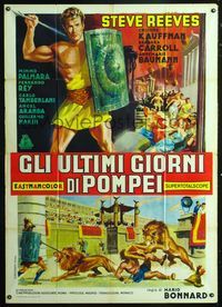 2a684 LAST DAYS OF POMPEII Italian 1p '59 cool artwork of gladiator Steve Reeves w/shield & spear!