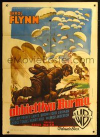 2a712 OBJECTIVE BURMA Italian 1p '49 Errol Flynn, cool World War II paratrooper art by Martinati!