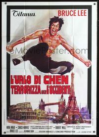 2a726 RETURN OF THE DRAGON Italian 1p R75 best different art of Bruce Lee over Rome, Paris & London!