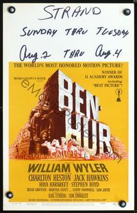 2a029 BEN-HUR window card movie poster R69 William Wyler classic, great chariot race art!